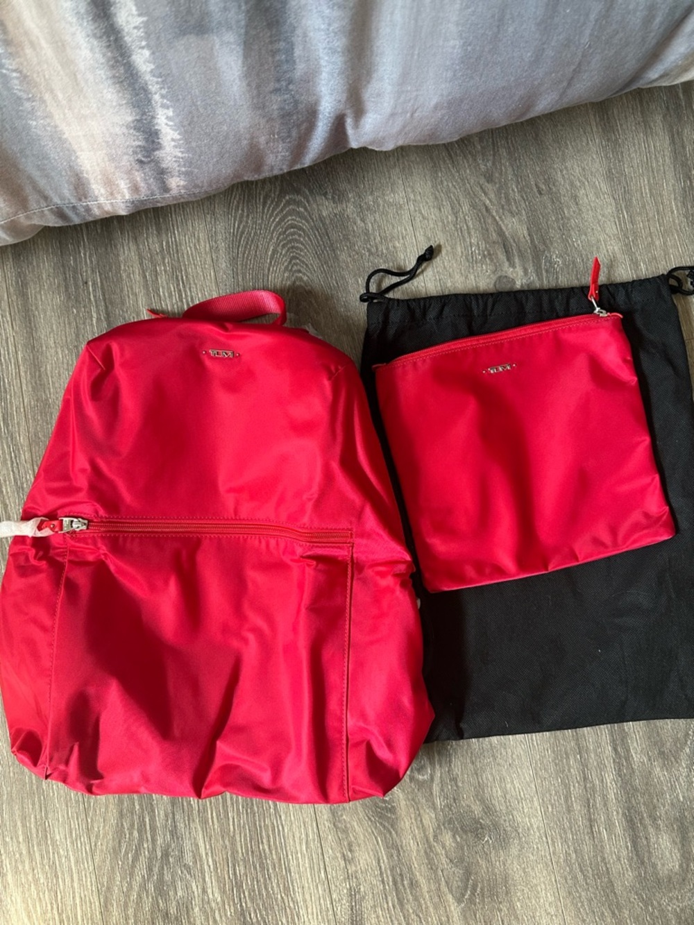 Tumi Bright Red Nylon Backpack with Matching Pouch
